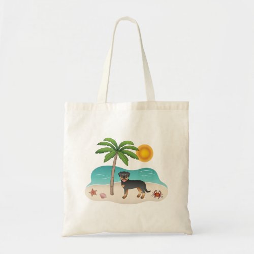 Black  Tan Rottweiler At A Tropical Summer Beach Tote Bag