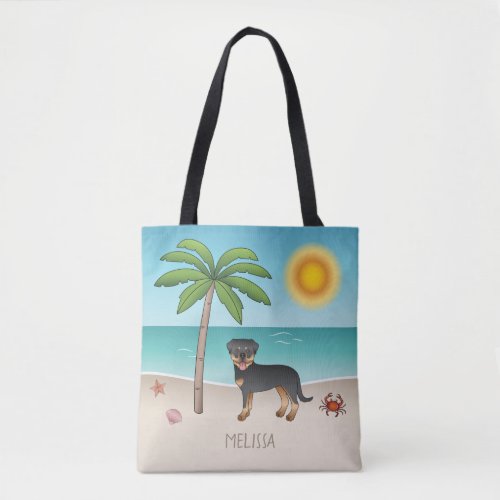 Black  Tan Rottweiler At A Tropical Summer Beach Tote Bag