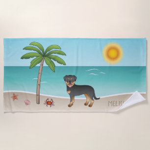 Black & Tan Rottweiler At A Tropical Summer Beach Towel