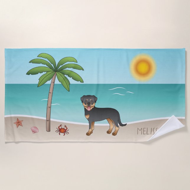 Black & Tan Rottweiler At A Tropical Summer Beach Towel (Front)