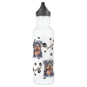 Black Tan Rottweiler Dog Pawprint Stainless Steel Water Bottle