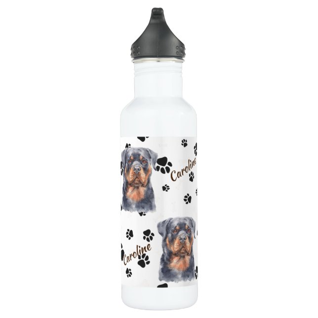 Black Tan Rottweiler Dog Pawprint Stainless Steel Water Bottle (Right)