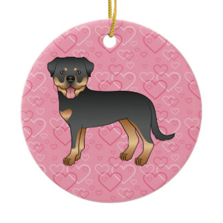 Black &amp; Tan Rottweiler On Pink Hearts Pet Memorial Ceramic Ornament