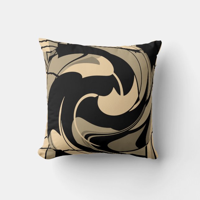 Black Tan Taupe Beige Mediterranean Floral Mosaic Throw Pillow (Front)