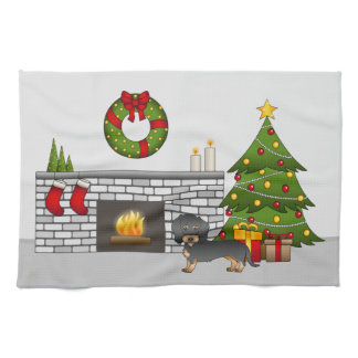 Black &amp; Tan Wire Haired Dachshund - Christmas Room Kitchen Towel