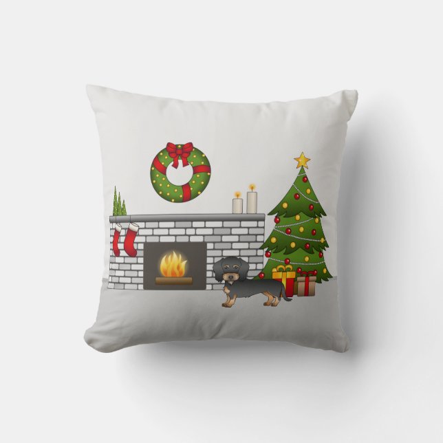 Black & Tan Wire Haired Dachshund - Christmas Room Throw Pillow (Front)