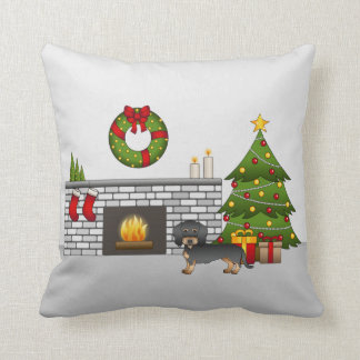 Black &amp; Tan Wire Haired Dachshund - Christmas Room Throw Pillow