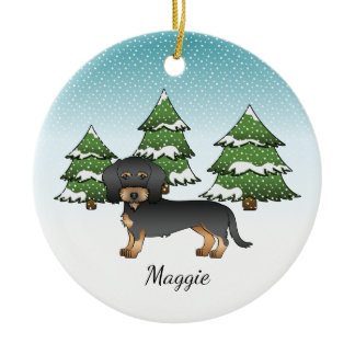 Black &amp; Tan Wire Haired Dachshund In Winter Forest Ceramic Ornament