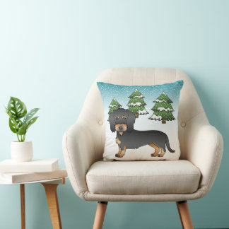 Black &amp; Tan Wire Haired Dachshund In Winter Forest Throw Pillow