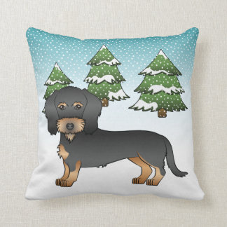 Black &amp; Tan Wire Haired Dachshund In Winter Forest Throw Pillow