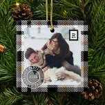 Black Tartan Plaid Delivery Parcel 2 Photo Family Ceramic Ornament<br><div class="desc">Black & white tartan plaid delivery parcel 2 photo family ornament. The design features a faux black and white tartan plaid texture design with hints of yellow and pink. Simple white twine and bow complete this simple parcel theme Christmas family photo ornament. Personalize with two special photos, one on each...</div>