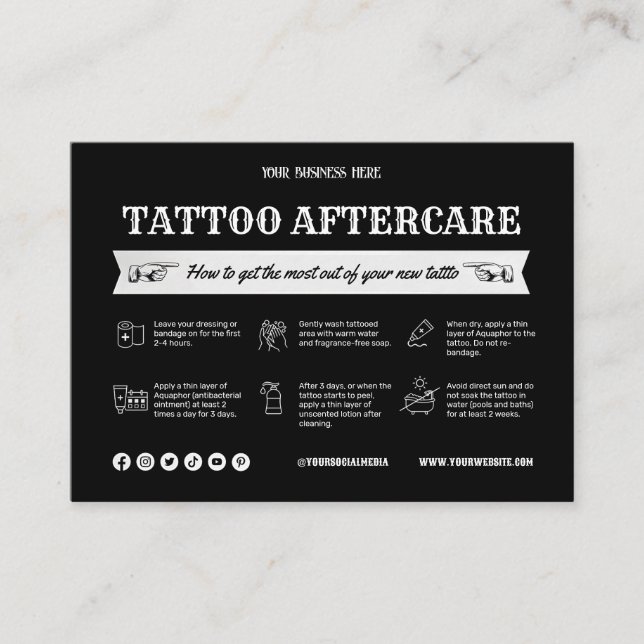 Black Tattoo Aftercare Card Template with Icon (Front)