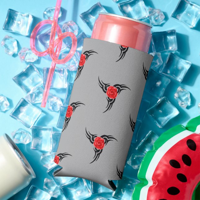 Black tattoo with red rose gray seltzer can cooler (In Situ Summer)