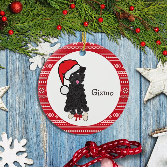 Black Teacup Poodle Dog Santa Monogram Ceramic Ornament (Creator Uploaded)