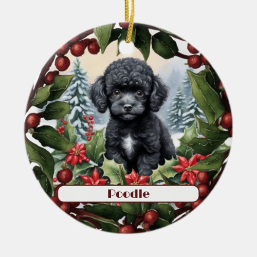 Black Teacup Poodle Puppy Custom Christmas  Ceramic Ornament