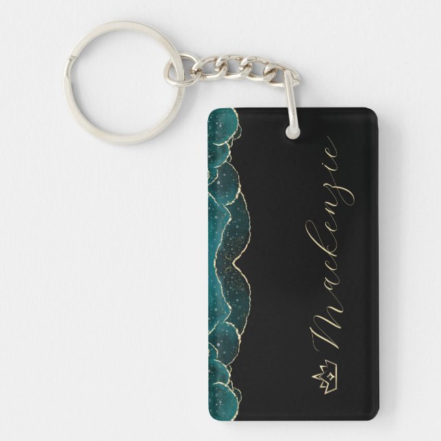 Black, Teal and Gold Elegant Script Personalized Keychain (Front)