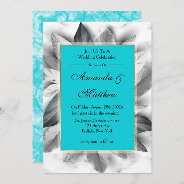 Black Teal and Gold Marble Wedding Invitations  (Front/Back)