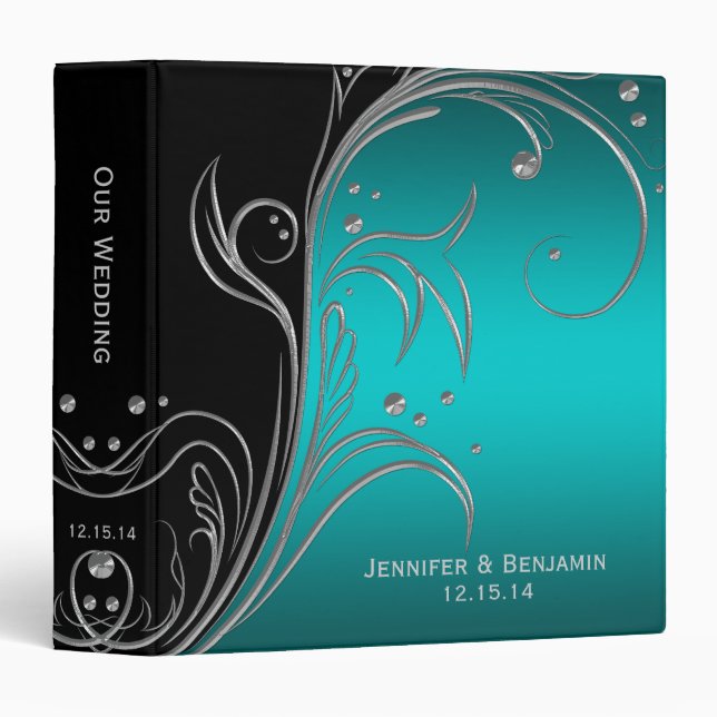 Black Teal and Silver Floral Scrolls Photo Album Binder (Front/Spine)