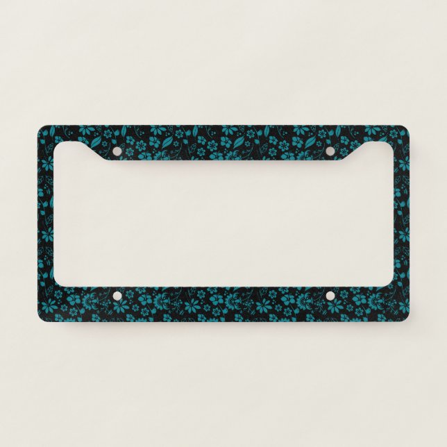 Black Teal Aqua Beachy Tropical Flowers License Plate Frame (Front)