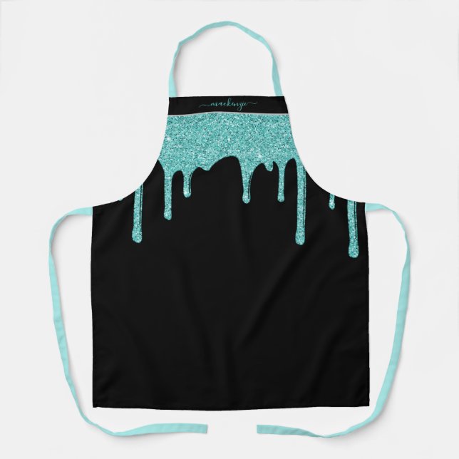Black Teal Aqua Blue Sparkle Dripping Glitter Apron (Front)