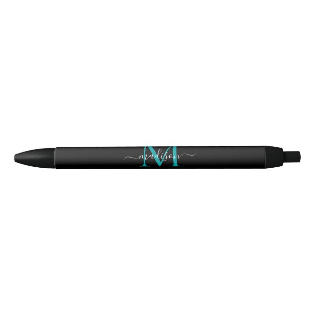 Black Teal Aqua Green Monogram Elegant Script Name Pen (Front)