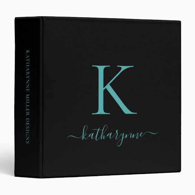 Black Teal Aqua Luxury Monogram 3 Ring Binder (Front/Spine)