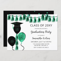 Black Teal Balloons Grad Hat Graduation Party Invitation