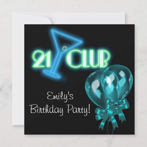 Black Teal Blue Balloons Girls Black 21st Birthday Invitation