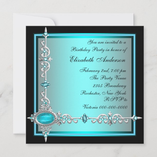 Black Teal Blue Birthday Party Invitations (Front)