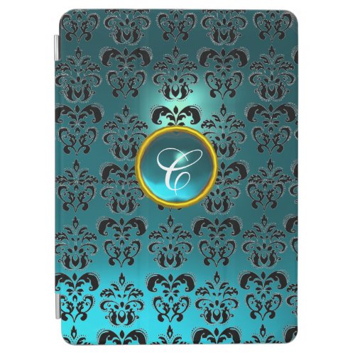 BLACK TEAL BLUE DAMASK AND WHITE GEM MONOGRAM iPad AIR COVER