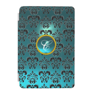 BLACK TEAL BLUE DAMASK AND WHITE GEM MONOGRAM iPad MINI COVER