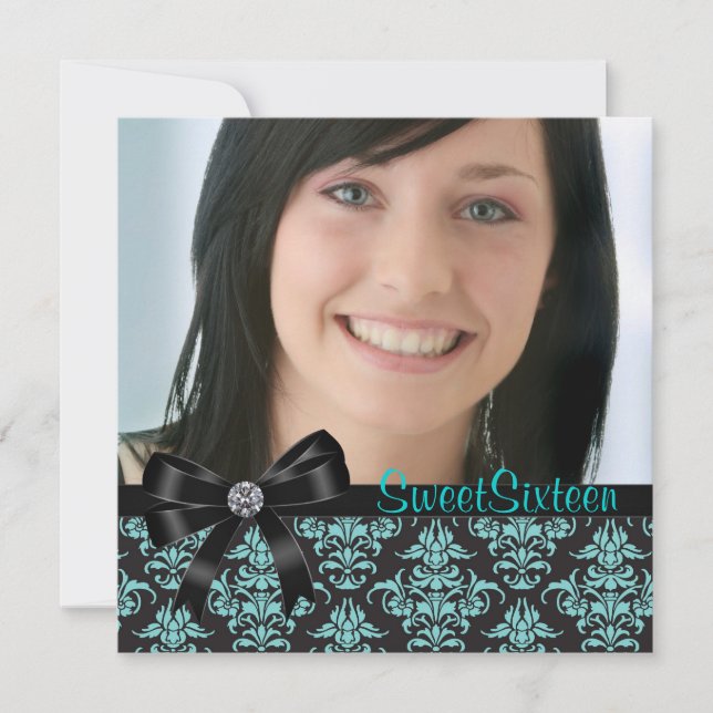 Black Teal Blue Damask Photo Sweet Sixteen Party Invitation (Front)