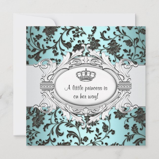 Black Teal Blue Damask Princess Baby Girl Shower Invitation (Front)