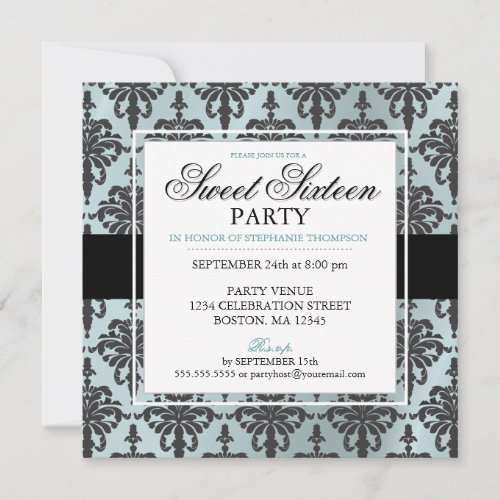 Black Teal Blue Damask Sweet 16 Party Invitations