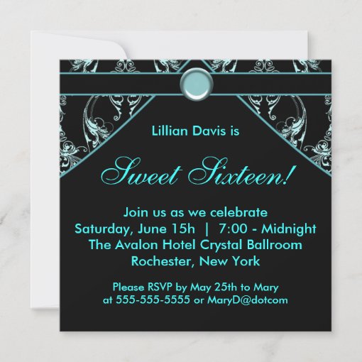 Black Teal Blue Damask Sweet Sixteen Invitation Zazzle