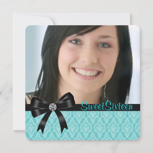 Black Teal Blue Damask Photo Sweet Sixteen Party Personalized Invite