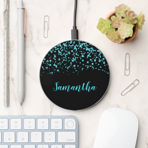 Black Teal Blue Faux Glitter Personalized Wireless Charger