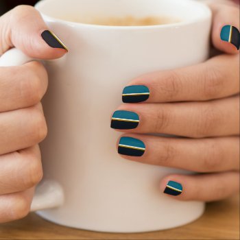 Black  Teal Blue  Gold  White Stripe Minx Nail Wraps by MtotheFifthPower at Zazzle