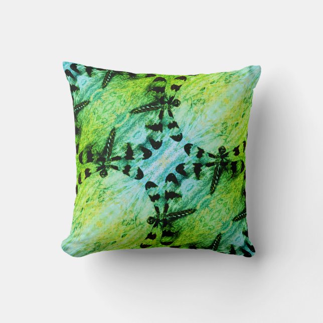 Black, teal blue green  dragonfly solid back throw pillow (Front)