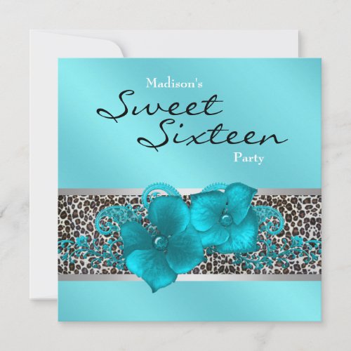 Black Teal Blue Leopard Birthday Party Custom Announcement