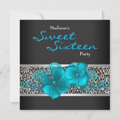 Black Teal Blue Leopard Birthday Party Custom Invitations