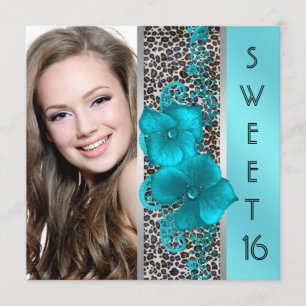 Black Teal Blue Leopard Photo Sweet 16 Birthday Invitation