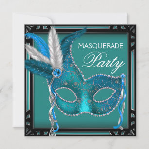 Black Teal Blue Mask Masquerade Party Invitation
