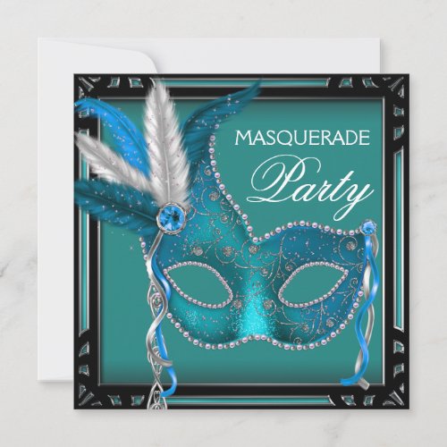 Black Teal Blue Mask Masquerade Party Personalized Announcements