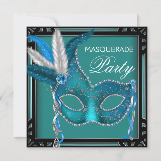 Black Teal Blue Mask Masquerade Party Invitation (Front)
