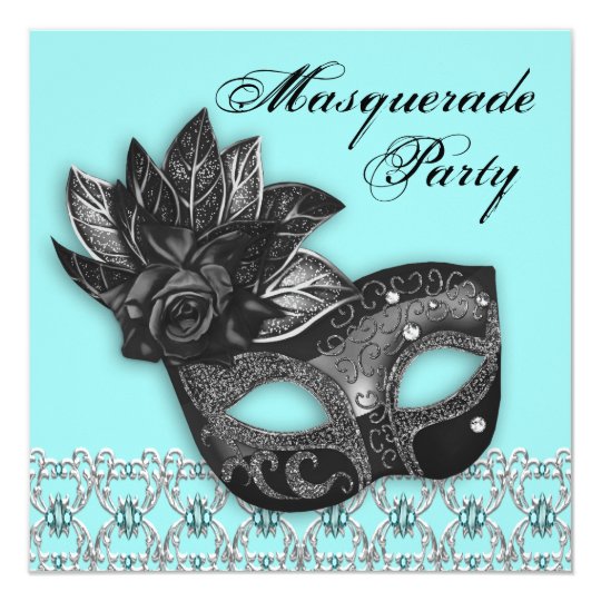 Black Teal Blue Masquerade Party Invitations