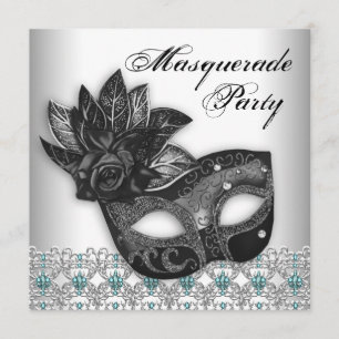 Black Teal Blue Masquerade Party Invitations
