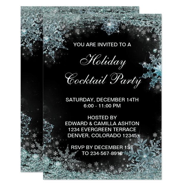 Black Teal Blue Snowflake Christmas Party Invitation