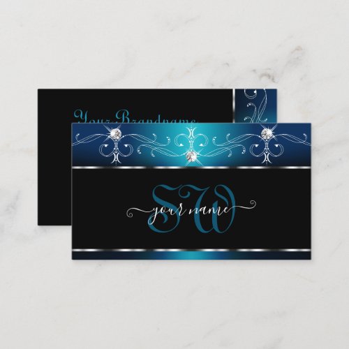 Black Teal Blue Squiggles Sparkle Jewels Monogram Business Card