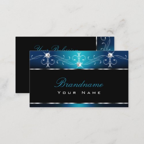 Black Teal Blue Squiggles Sparkle Jewels Ornaments Business Card